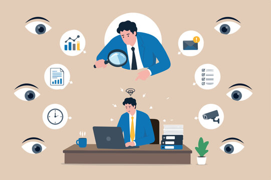 Micromanagement, too much details and manipulation or controlled from boss or distrust employee concept, depresses employee working in boss, manager eyes who watching and staring at him all time