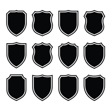 Police badge shield icons, black security and military vector silhouettes, football patch shapes, isolated on transparent background, protection emblem symbols for branding.