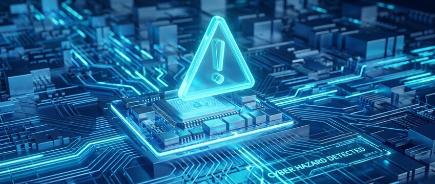 Cyber hazard detected warning sign on digital circuit board processor