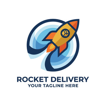 This striking logo showcases a rocket launching with a swirl of dynamic motion, perfect for a delivery service emphasizing speed, reliability, and innovation.