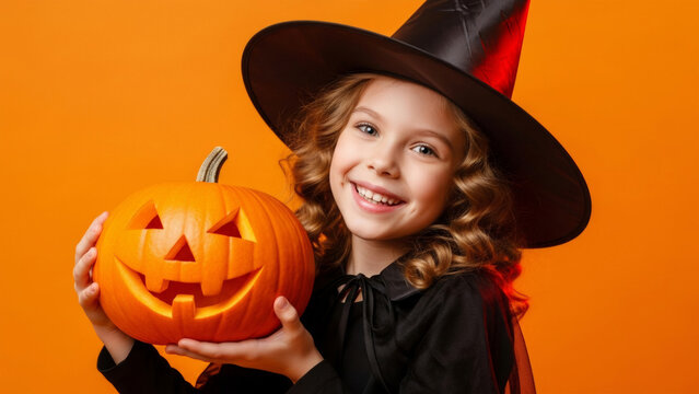 Little girl child witch holding carved orange pumpkin. Happy kid celebrating Halloween in black costume and pointed hat. Festive atmosphere with traditional Jack-o-lantern for party.