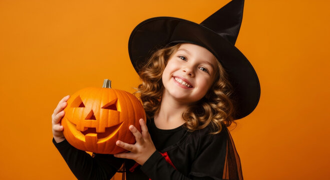 Little girl in witch costume holding carved pumpkin. Happy child celebrating Halloween. Cute kid dressed as magician for party. Traditional festive autumn holiday surprise and seasonal fun.