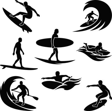 Set of nine black silhouettes depicting diverse surfing activities including paddleboarding and bodyboarding on waves, isolated on transparent background.