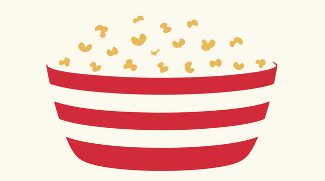 Cheerful bowl of popcorn vector illustration with fluffy golden kernels and red white striped container on cream background, movie night snack graphic for cinema, party, concession and leisure designs