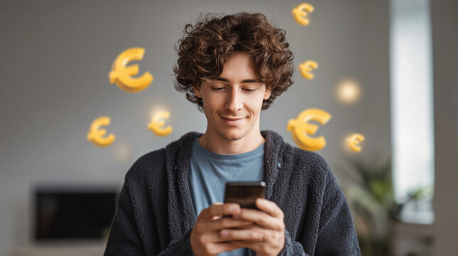 Young person looking at smartphone with floating euro symbols overlay in softly lit home interior