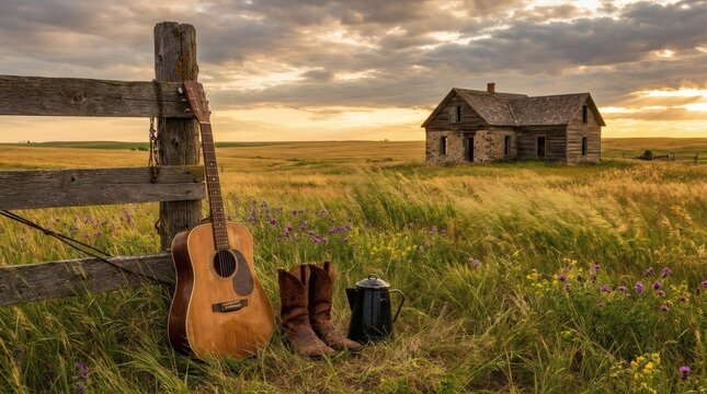 Acoustic guitar, cowboy boots, and coffee pot leaning against a rustic fence in a golden prairie field with an abandoned farmhouse and beautiful sunset.