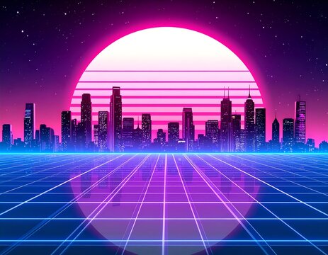 Retro-futuristic cityscape silhouette against a vibrant neon pink sun and starry background