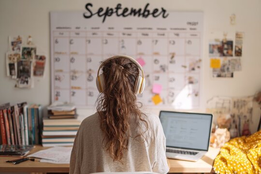 back to school, neurodiverse student at home with a laptop, calendar marked "September," headphones on, and a study schedule on the wall. Organized desk with books and minimal distractions. 