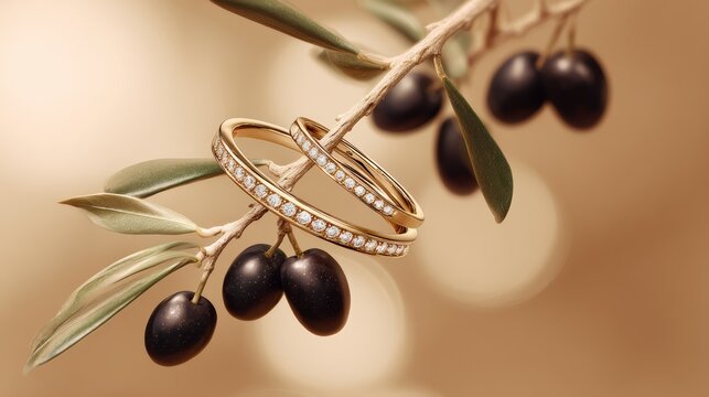 Elegant ring advertisement, featuring two simple gold rings with lab grown diamonds. A delicate olive branch hangs from below, mediterranean style.