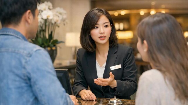 A professional woman in business attire interacts with customers.