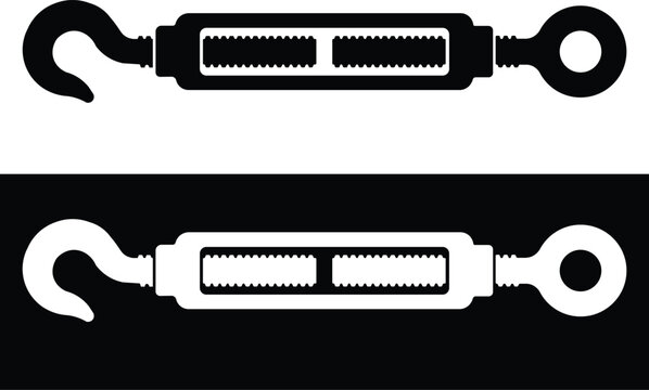 Turnbuckle hook and eye fastener in silhouette against white and black backgrounds for rigging