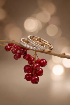 diamonds and gold advertisement, featuring two simple gold rings with lab grown diamonds. A delicate red currant branch hangs from below, adding to its elegance.