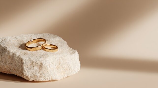 gold rings and chain necklace on a rock, minimalist jewelry display, visual merchandising, advertisement gold  placed on top of an elegant showcase at store