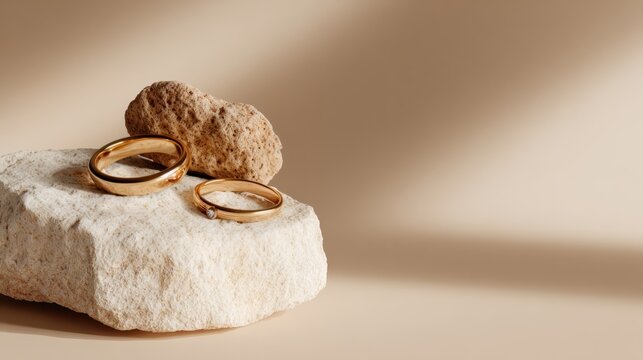 gold rings and chain necklace on a rock, minimalist jewelry display, visual merchandising, advertisement gold  placed on top of an elegant showcase at store