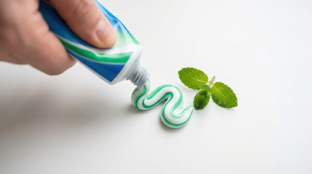 Hand squeezing toothpaste from a tube onto a white surface next to fresh mint leaves isolated on white background