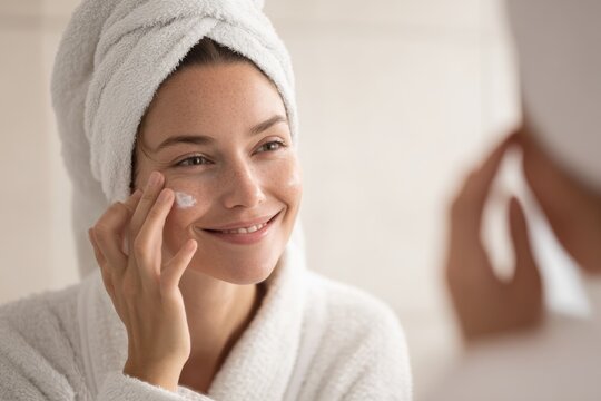 Love yourself - woman applying a skincare cream on a her skin while looking into a mirror, smiling softly, self love. Clean white or beige bathroom, real skin texture visible, minimalist environment. 