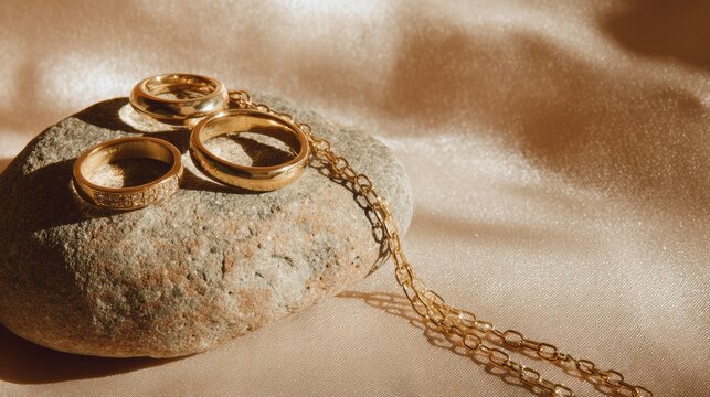 gold rings and chain necklace on a rock, minimalist jewelry display, visual merchandising, advertisement gold  placed on top of an elegant showcase at store