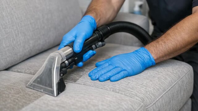 Person cleans sofa with vacuum cleaner. Blue gloves cover hands for hygiene. Cushion fabric looks clean and soft. Focus on cleaning action, not background. No animals or plants present