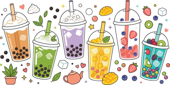 Bubble milk tea and boba drinks vector illustration set with tapioca pearls matcha taro mango and strawberry for cafe menu layout templates