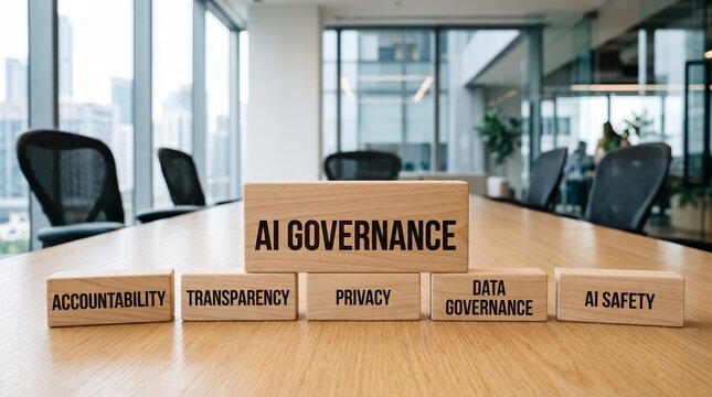 AI Governance wooden blocks on office conference table, artificial intelligence accountability and transparency concept, data privacy and safety