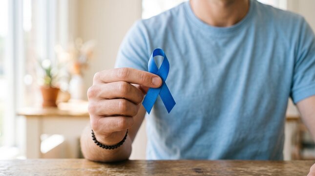 Blue awareness ribbon held by man for colon cancer support, prostate cancer awareness symbol, medical health concept for diabetes and alopecia