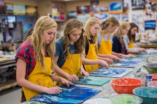 Students in aprons working on painting, drawing, or clay modeling projects in art room. Bright colors, messy hands. Creative supplies like brushes, palettes, and canvas around them.