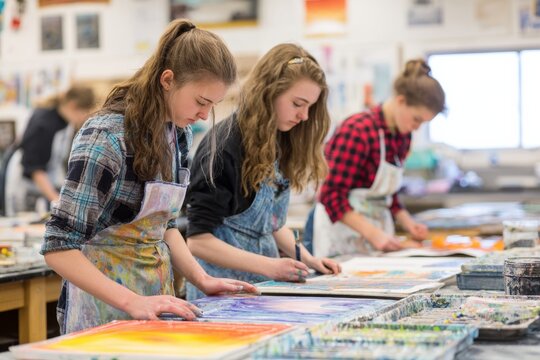 Students in aprons working on painting, drawing, or clay modeling projects in art room. Bright colors, messy hands. Creative supplies like brushes, palettes, and canvas around them.