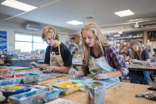 Students in aprons working on painting, drawing, or clay modeling projects in art room. Bright colors, messy hands. Creative supplies like brushes, palettes, and canvas around them.