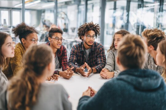 brainstorming. Teenagers sitting in circle at a large table in modern classroom, engaged in a group discussion or debate. Expressive gestures, diverse ethnicities, teacher moderating the discussion. 