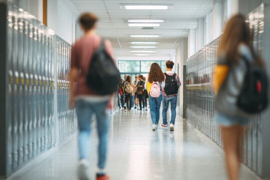 Back to school - students chatting, walking to lockers, carrying books and backpacks in a well-lit school hallway., motion blur for realism 