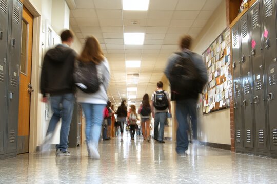 Back to school - students chatting, walking to lockers, carrying books and backpacks in a well-lit school hallway., motion blur for realism 