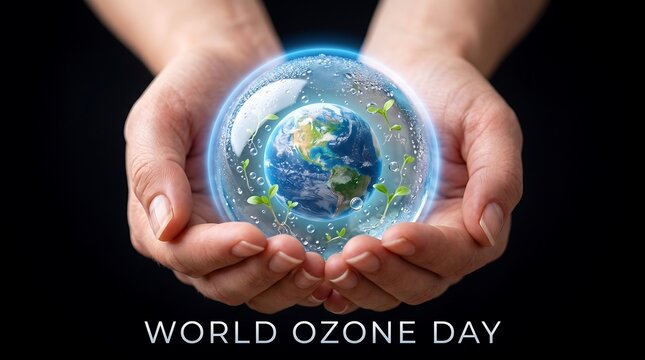 Hands holding protected planet earth for World Ozone Day