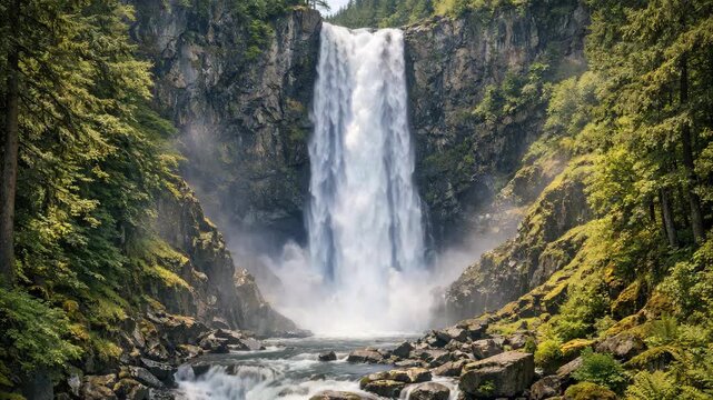 Majestic waterfall cascades down rocky cliff face. Surrounding greenery thrives in lush forest setting. Rushing water splashes over stones below waterfall