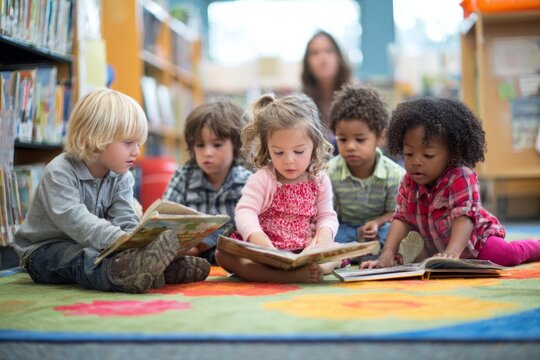 back to school: children sitting on colorful rug in reading corner library, flipping through picture books together. Teacher or librarian nearby, bookshelves, warm and inviting classroom environment. 