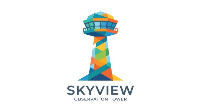 Geometric skyview observation tower logo showcasing colorful multifaceted design style.