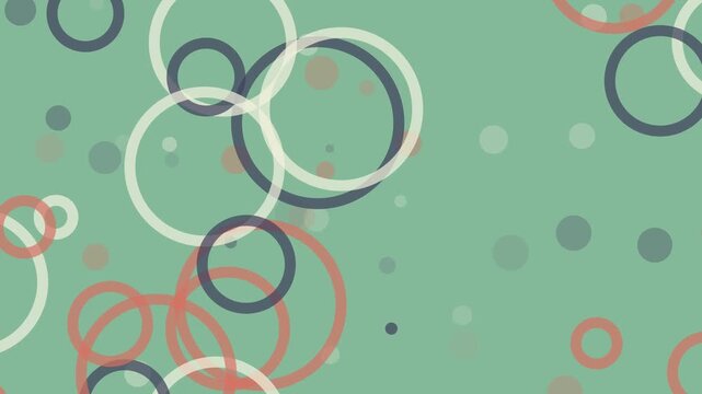 Scattered circles in salmon and navy blue colors across a soft muted sage green surface