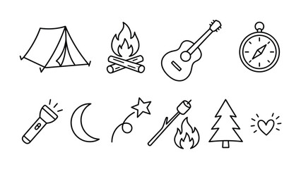 Camping Icons Collection: A set of simple line-art illustrations representing essential camping elements like a tent, campfire, guitar, compass, flashlight, moon, shooting star, marshmallow. © Juhhad