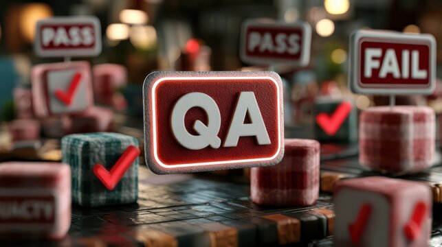 QA cubes with pass and fail signs symbolize quality assurance testing and evaluation processes.