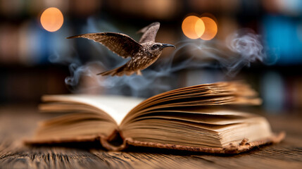 Magical bird soaring from open antique book with ethereal smoke imagination literature © Sabana