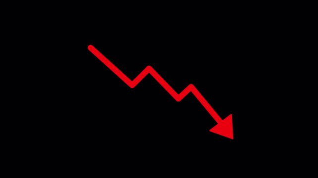 Red Downward Trending Arrow Indicating Financial Loss Animation on Alpha Channel