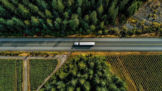 Overhead shot of a highway with a semi-truck traveling between a dense evergreen forest and agricultural fields