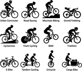 Obraz premium Bicycle type icons set silhouettes of various cyclists including road racing mountain biking gravel trekking urban commuter cyclocross track cycling and cargo bikes.