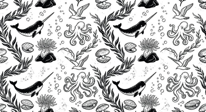 Black and white seamless pattern featuring narwhals, octopuses, seagulls, clams, seaweed, and anemones. Elegant sea life vector illustration for wallpaper, wrapping paper, or fabric.