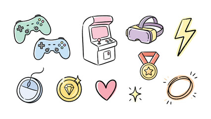 Gaming Delights: A vibrant collection of gaming icons, including game controllers, an arcade machine, VR headset, gaming mouse, coins, medal, heart, and lightning bolt. © Shafiq