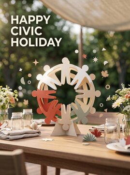 Civic holiday celebration table centerpiece with decorative paper cutout people holding hands in a circular loop