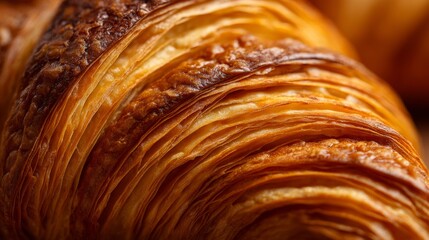 Fototapeta premium Freshly Baked Croissant with Golden Flaky Layers Close Up on a Wooden Surface