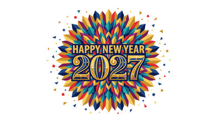 Happy New Year 2027 Festive Design: A vibrant and colorful explosion of abstract shapes and confetti forms a striking backdrop for the Happy New Year 2027 message. © Ajhar234