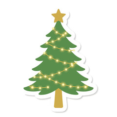 Fototapeta premium Minimalist Christmas tree sticker illustration with golden star topper and glowing fairy lights on a plain white background for holiday season festive decoration and greeting cards