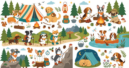 Cute camping dogs vector illustrations set featuring cartoon puppies hiking canoeing sleeping in tent and roasting marshmallows for outdoor lifestyle branding children book design © AdhinChandra