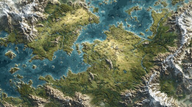 An aerial view of a vibrant, imagined world. Green landmasses are divided by vast oceans. Mountains border the land
